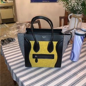 Celine Luggage Bag, Yellow/Grey Felt and Black Leather